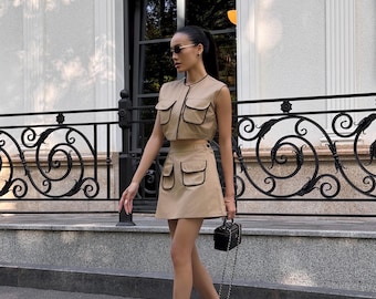 Conjunto de dos piezas color beige para mujer, top de algodón y falda, conjunto ligero de verano.