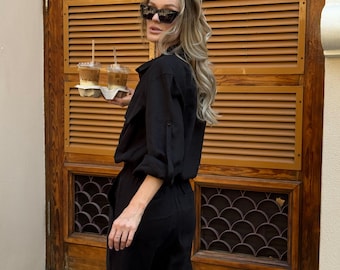 Mono de lino holgado para mujer, ligero, color negro, ideal para el verano.