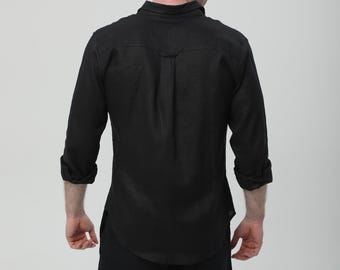 Camisa de lino negra hecha a mano para hombre, top de lino informal y transpirable, prenda esencial de estilo clásico.