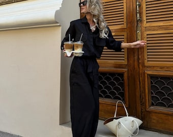 Elegant Black Linen Jumpsuit for Women, Natural Fabric Loose Fit Summer Outfit