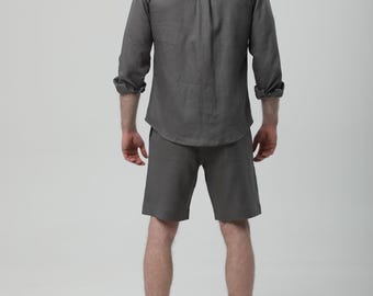 Ademend grijs linnen overhemd voor heren, eenvoudige casual look