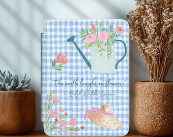 The Earth Laughs in Flowers quote Kindle Case, Blue Gingham Floral Pattern