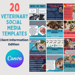 May include: A veterinary social media template set with 20 templates. The design includes information on dog health, including dental care, exercise, and heartworm prevention. The templates are designed for client information and are created using Canva.