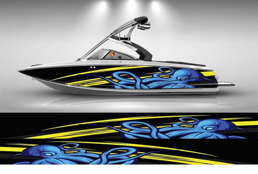Blue & Yellow Modern Lines Octopus Graphic Vinyl Boat Wrap Decal ...