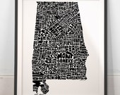 Alabama map art, Alabama art print, signed print of my original hand drawn Alabama typography map art