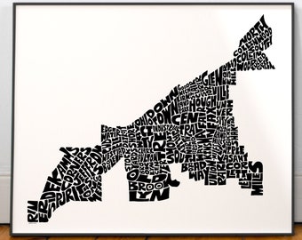 Cleveland neighborhoods map art, Cleveland map print, Cleveland art print, Print of my original hand-inked Cleveland typography illustration