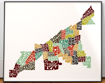 Cleveland neighborhood map print, Signed print of my original hand drawn Cleveland typography map art