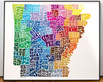 Arkansas map art, Arkansas art print, signed print of my original hand drawn Arkansas map art