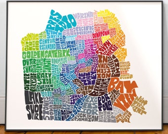 San Francisco neighborhood map art print, Signed print of my original hand drawn San Francisco typography map art