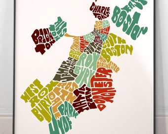 Boston neighborhood map print, Signed print of my original hand drawn Boston typography map art