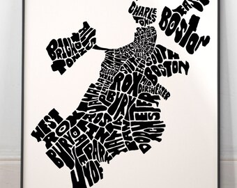 Boston neighborhoods map art, Boston map print, Boston art print, Print of my original hand-inked Boston typography illustration