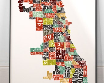 Chicago neighborhood map print, Signed print of my original hand drawn Chicago typography map art