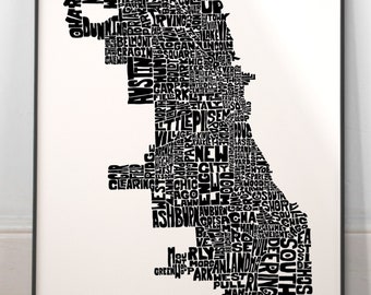 Chicago neighborhoods map art, Chicago map print, Chicago art print, Print of my original hand-inked Chicago typography illustration