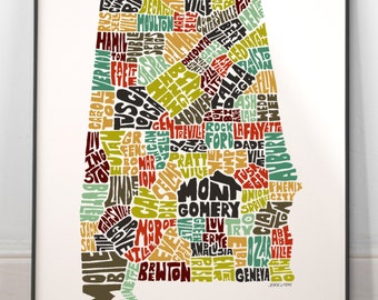 Alabama map art, Alabama art print, signed print of my original hand drawn Alabama map art