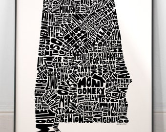 Alabama map art, Alabama map print, Alabama art print, Print of my original hand-inked Alabama typography illustration