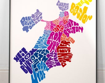 Boston neighborhood map art print, Signed print of my original hand drawn Boston typography map art