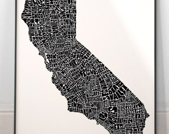 California map art, California map print, California art print, Print of my original hand-inked California typography illustration