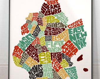 Brooklyn neighborhood map print, Signed print of my original hand drawn Brooklyn typography map art