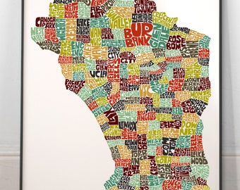 Los Angeles neighborhood map print, Signed print of my original hand drawn Los Angeles typography map art