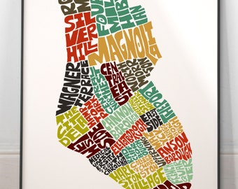 Charleston neighborhood map print, Signed print of my original hand drawn Charleston typography map art