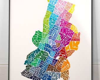 Austin neighborhood map art print, Signed print of my original hand drawn Austin typography map art