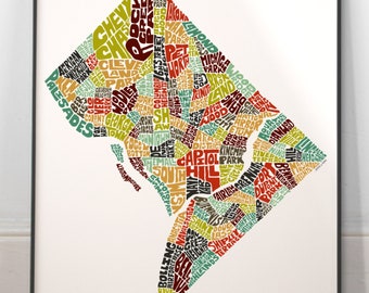 Washington DC neighborhood map print, Signed print of my original hand drawn Washington DC typography map art