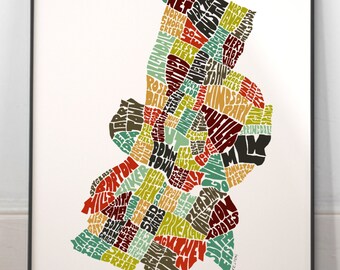 Austin neighborhood map print, Signed print of my original hand drawn Austin typography map art