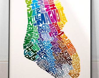 Charleston neighborhood map art print, Signed print of my original hand drawn Charleston typography map art