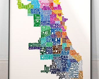 Chicago neighborhood map art print, Signed print of my original hand drawn Chicago typography map art
