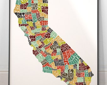 California map art, California art print, signed print of my original hand drawn California map art