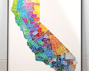 California map art, California art print, signed print of my original hand drawn California map art