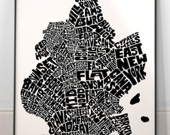 Brooklyn neighborhoods map art, Brooklyn map print, Brooklyn art print, Print of my original hand-inked Brooklyn typography illustration