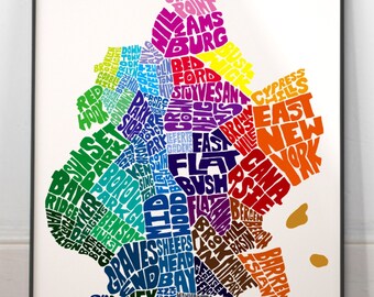 Brooklyn neighborhood map art print, Signed print of my original hand drawn Brooklyn typography map art