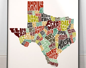Texas map art, Texas art print, signed print of my original hand drawn Texas map art