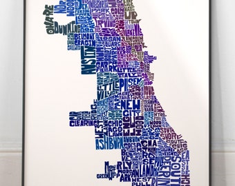 Chicago neighborhood map art print, Signed print of my original hand drawn Chicago typography map art