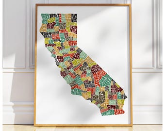 California map art, California art print, signed print of my original hand drawn California map art