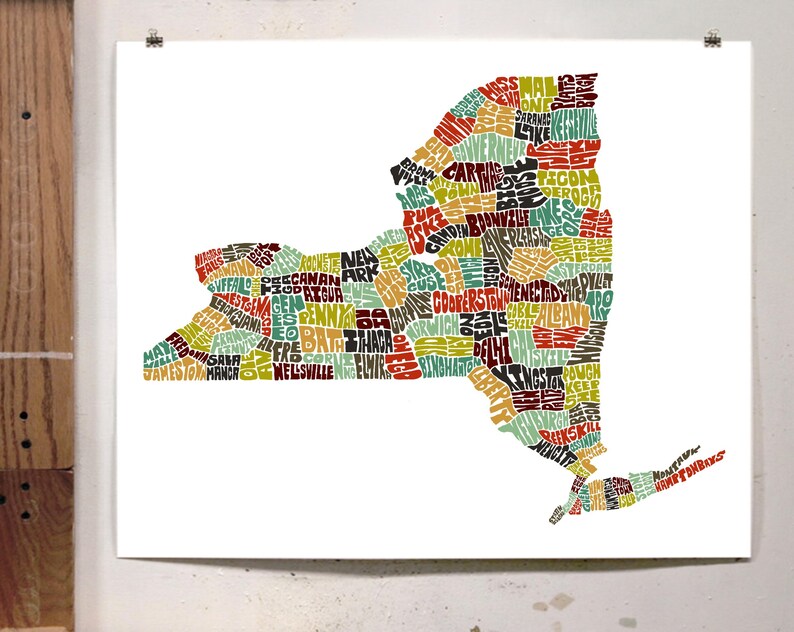 New York map art, New York art print, print of my original hand drawn New York typography art, New York gift, multiple colors available Earth Tones