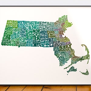 Massachusetts map art, Massachusetts art print, signed print of my original hand drawn Massachusetts map art Green Tones (pic 4)