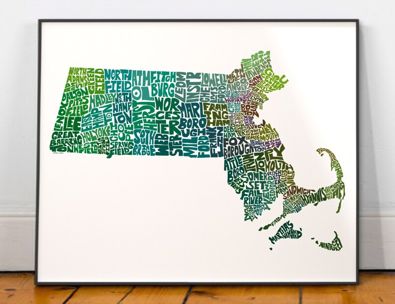 Massachusetts map art, Massachusetts art print, signed print of my original hand drawn Massachusetts map art Green Tones (pic 4)