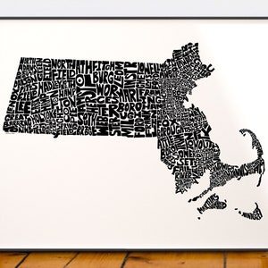 Massachusetts map art, Massachusetts art print, signed print of my original hand drawn Massachusetts map art Black (pic 7)