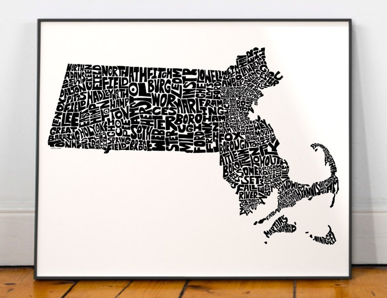 Massachusetts map art, Massachusetts art print, signed print of my original hand drawn Massachusetts map art Black (pic 7)