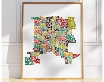 Denver neighborhood map print, Signed print of my original hand drawn Denver typography map art