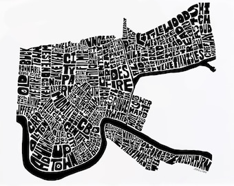 New Orleans neighborhoods map art, New Orleans art print, Print of my original hand-inked New Orleans typography illustration, New Version!!