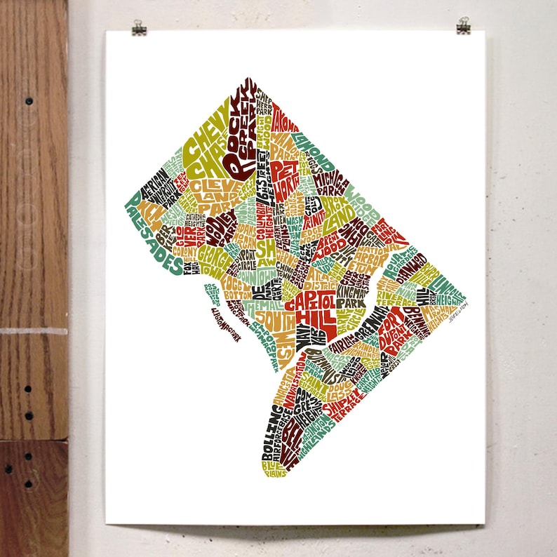 Washington DC Neighborhood Map Art Print, Signed Print of My Original ...