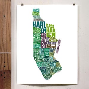 Manhattan neighborhood map print, Manhattan art print, signed print of original hand-drawn Manhattan typography art, many colors available Green Tones