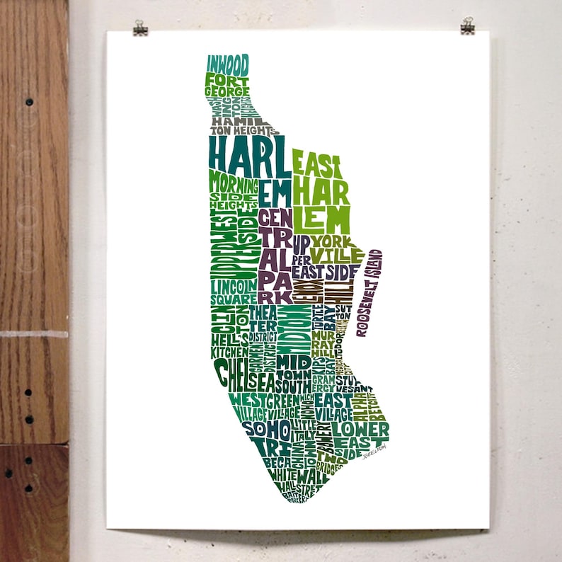 Manhattan neighborhood map print, Manhattan art print, signed print of original hand-drawn Manhattan typography art, many colors available Green Tones