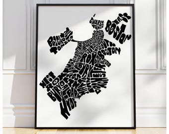 Boston neighborhood map print, Boston art print, signed print of my original hand-drawn Boston typography map art, other colors available