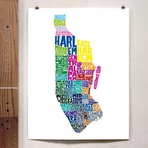Manhattan neighborhood map print, Manhattan art print, signed print of original hand-drawn Manhattan typography art, many colors available Rainbow