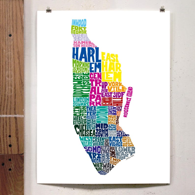 Manhattan neighborhood map print, Manhattan art print, signed print of original hand-drawn Manhattan typography art, many colors available Rainbow