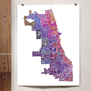 Chicago neighborhood map art print, Signed print of my original hand drawn Chicago typography map art Purple Tones